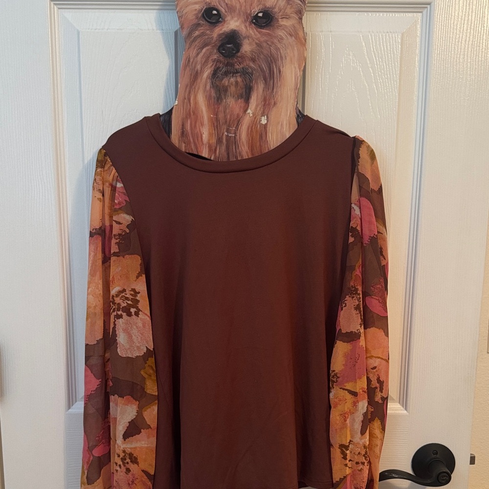 Brown Top with Floral Sleeves